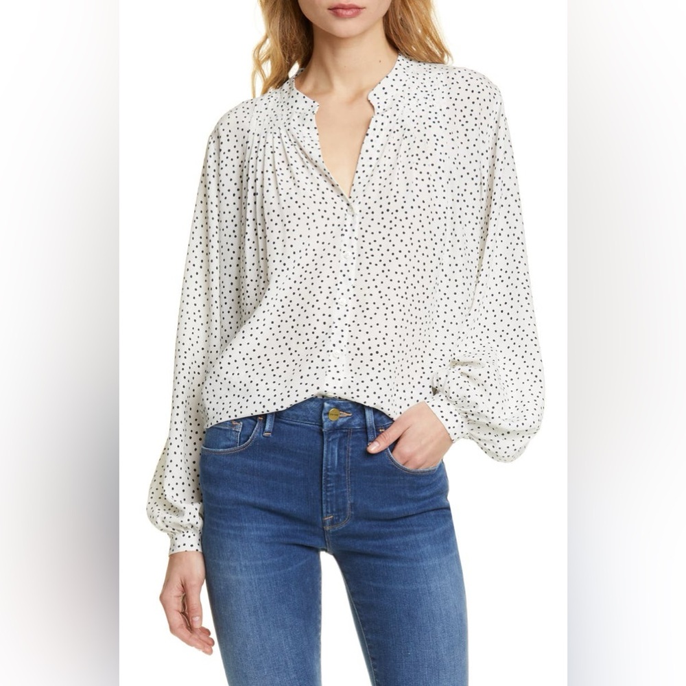 NWT Frame Polka Dot Pleated Silk Puff-Sleeve Blouse Off White